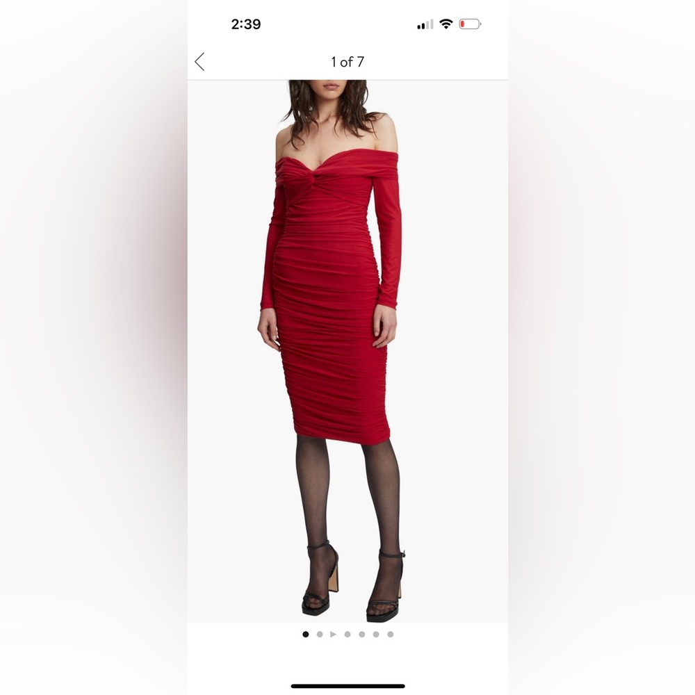 Bardot Crimson Off-Shoulder Ruched Midi Dress